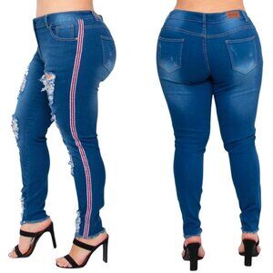 NWT Plus Size Distressed Ripped Blue Wash Mid Rise Jeans Pants Red Stripe